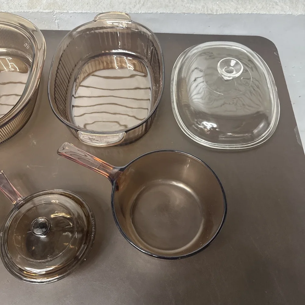 VTG CORNING VISION PYREX 6 Piece Amber & 1 Piece Clear Lid Roasting Pan Pot Pie